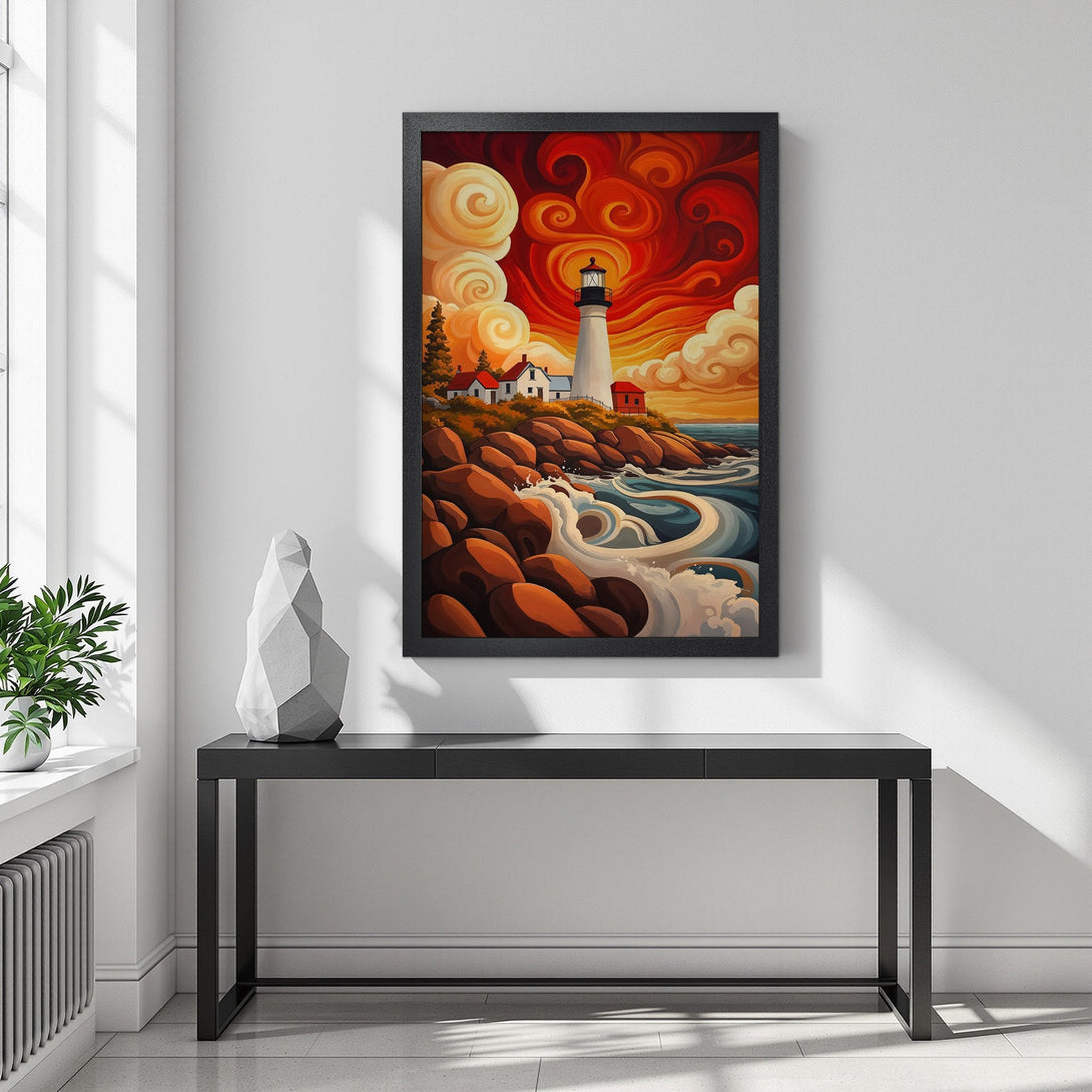 Framed Poster featuring a lighthouse landscape in vibrant red and orange hues. Perfect wall art for a warm, stylish home.