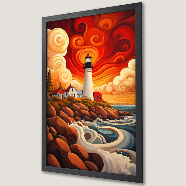 Framed Poster: Lighthouse art print with vibrant sunset, bold brushstrokes, and warm orange & red color palette. Add coastal charm to your space!