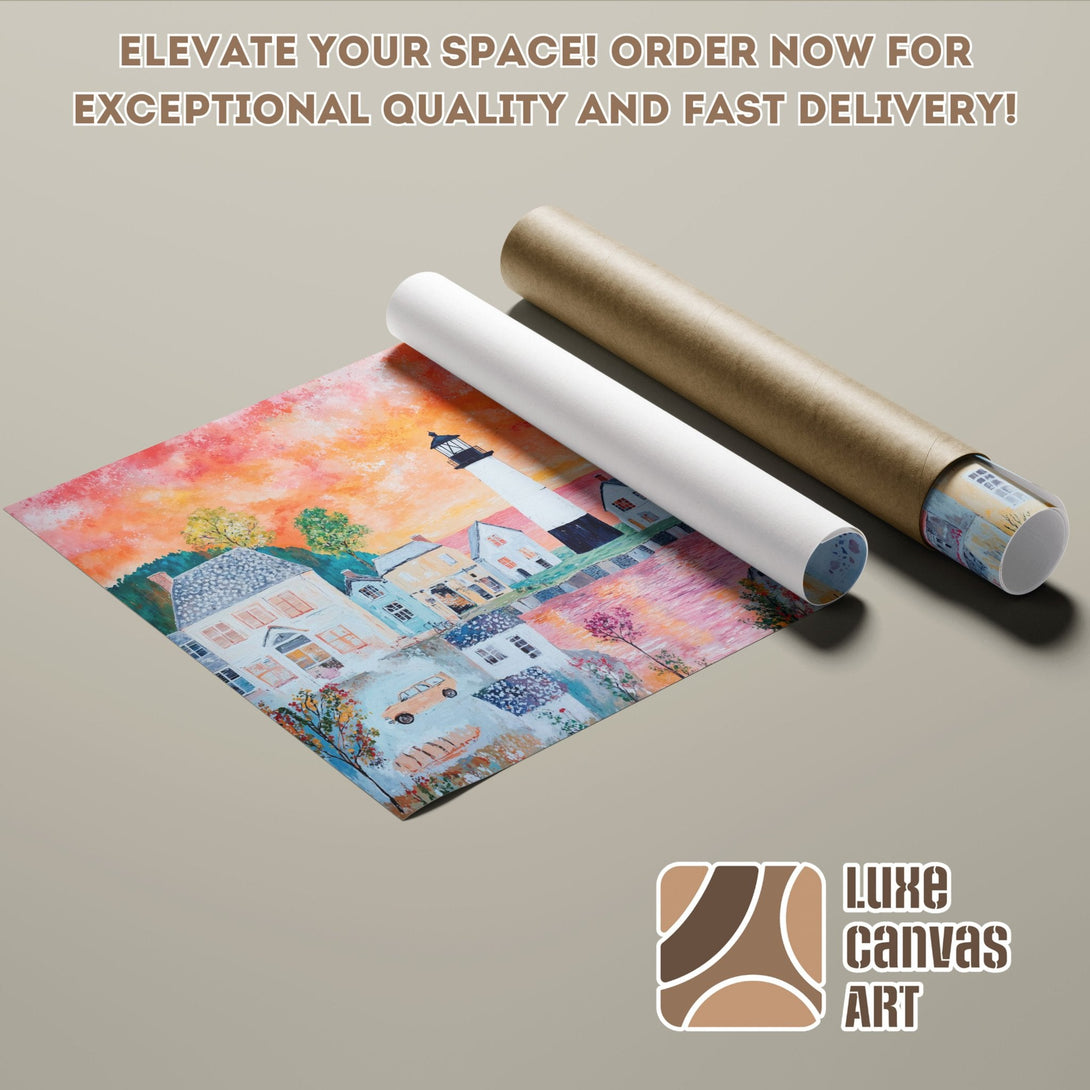 Artistic poster roll featuring a coastal landscape with warm color palette. Order your art today!