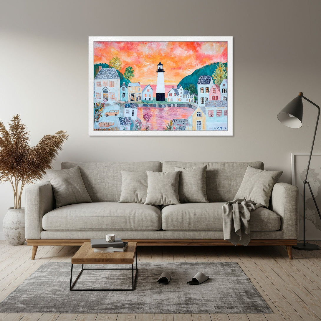 Framed Poster of a watercolor lighthouse scene with a warm sunset color palette. Perfect coastal art for your home.