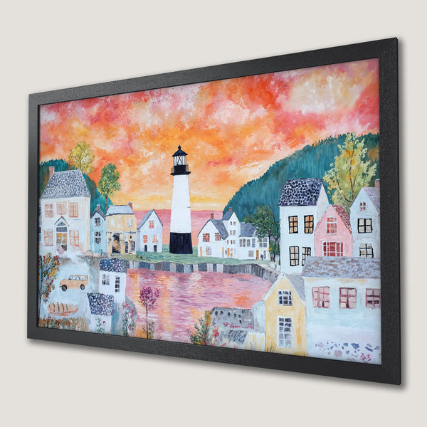Framed Poster of a coastal town painting with a lighthouse, in a vibrant sunset color palette. Perfect wall art for your home!