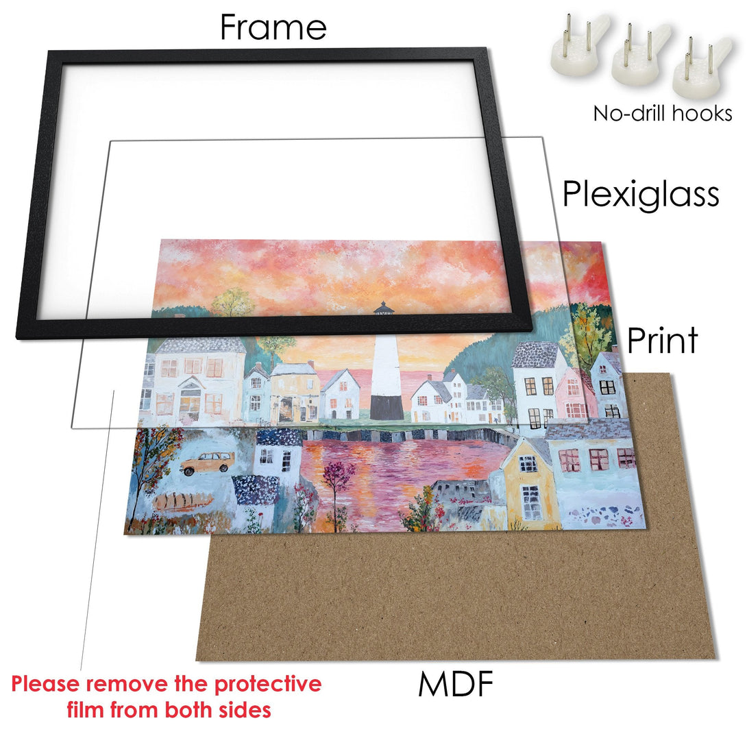 Framed Poster featuring a coastal town painting in warm sunset hues. Perfect art for your home!