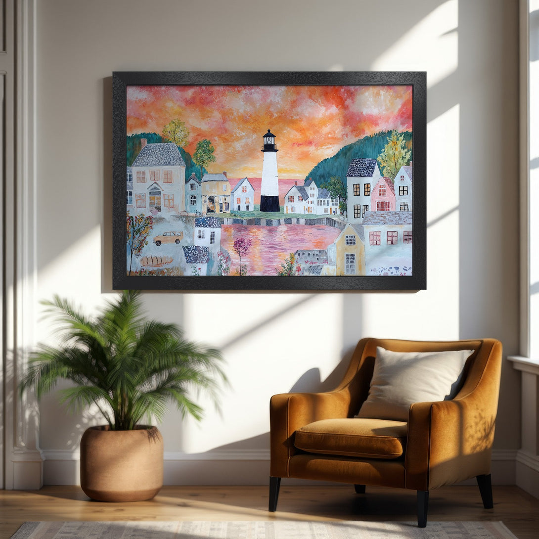 Framed Poster of a coastal town scene with a lighthouse. Watercolor style, warm sunset color palette. Perfect wall art for any space!