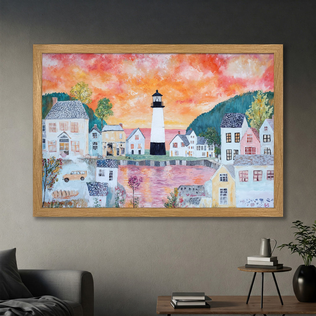 Framed Poster of a coastal town scene with a lighthouse, painted in a watercolor style with a warm orange and pink color palette. Perfect wall art!