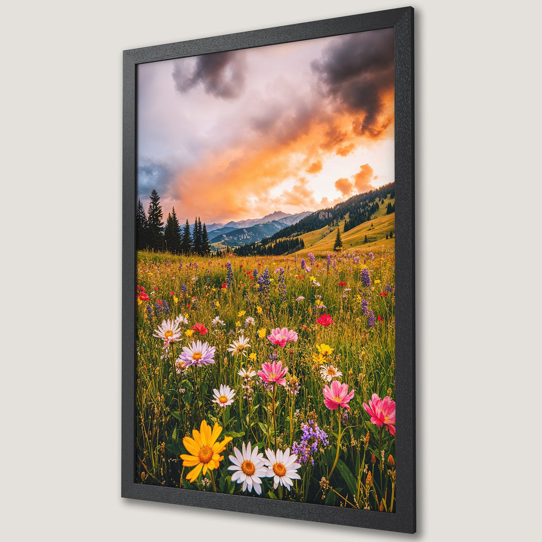 Framed Poster of a vibrant wildflower meadow under a dramatic sunset. Warm color palette with pops of pink, yellow, and orange. Perfect wall art!