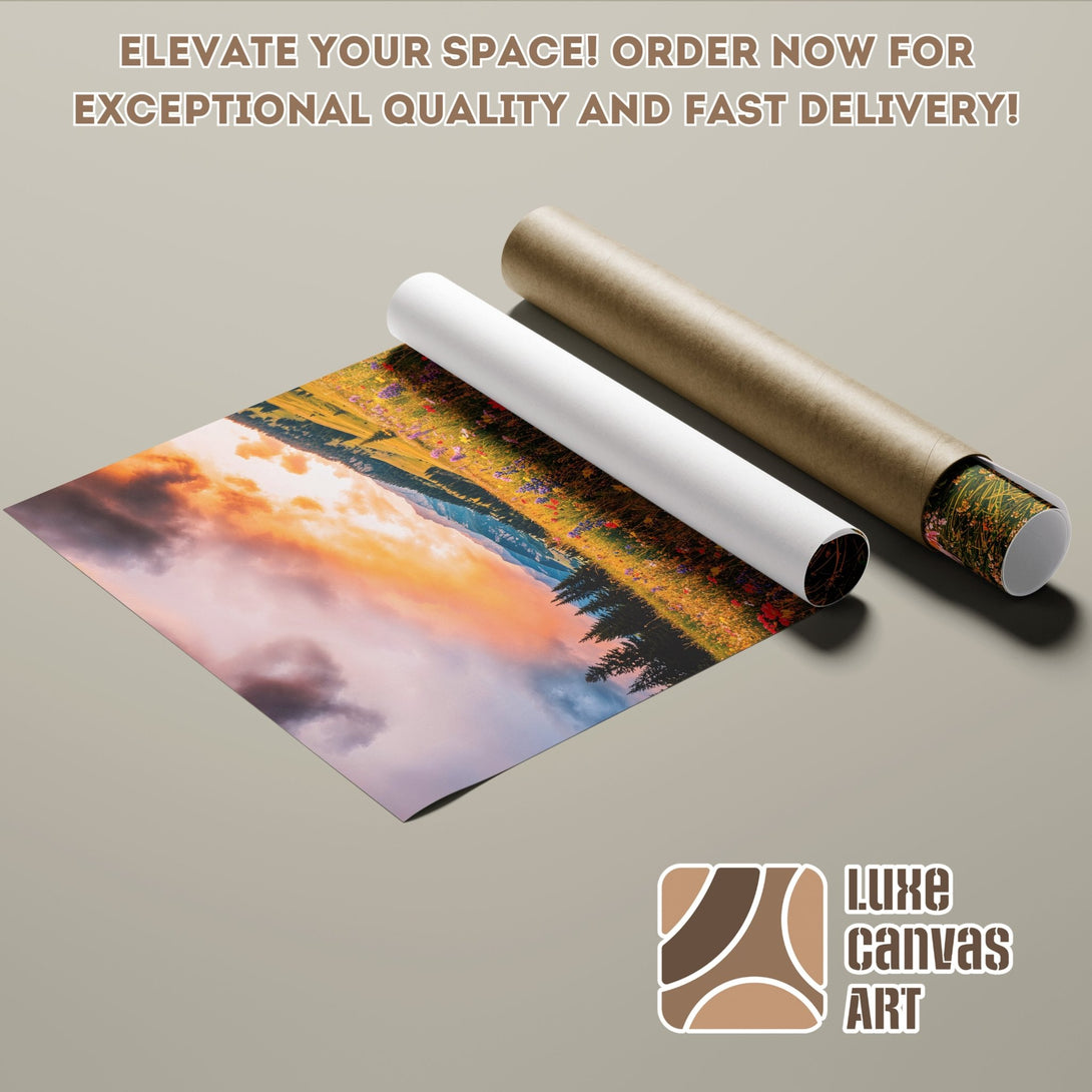 Poster Roll featuring a vibrant landscape scene with warm sunset hues. Elevate your space with our stunning art!