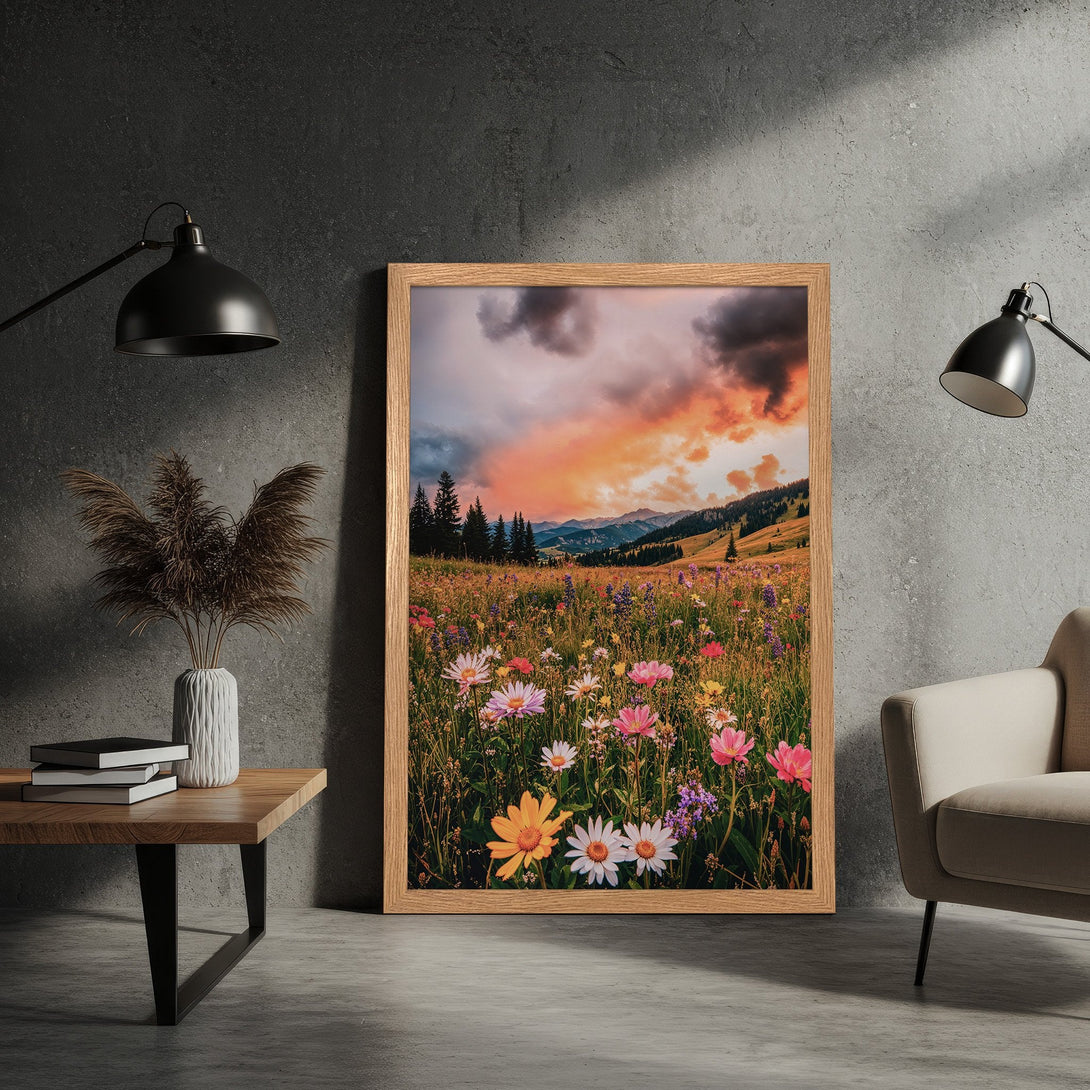 Framed Poster featuring a vibrant meadow landscape with a sunset sky. Warm color palette, nature-inspired art for your home.