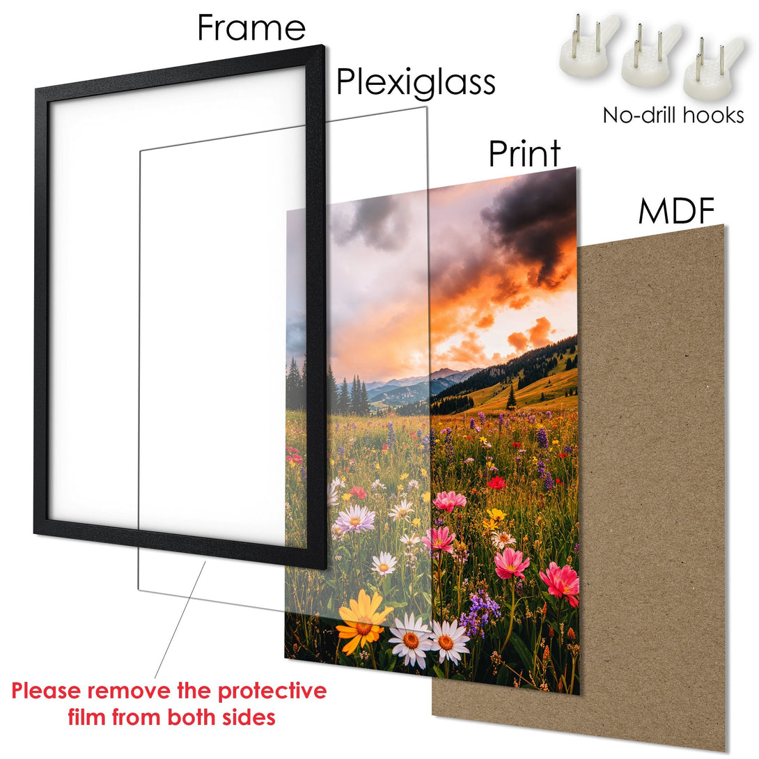 Framed Poster of a vibrant meadow landscape with a warm color palette. Perfect wall art for your home!