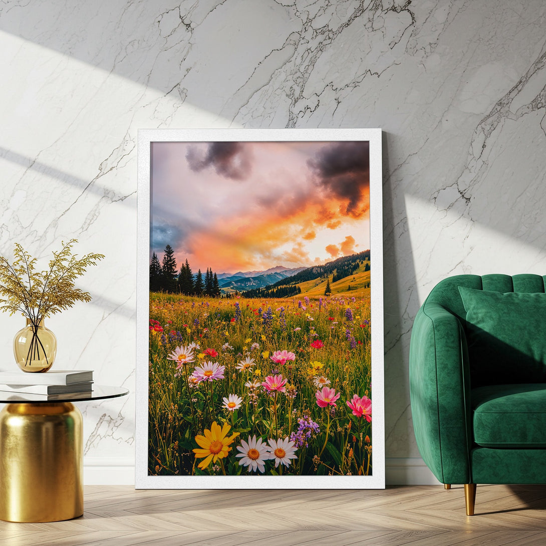 Framed Poster featuring a vibrant meadow scene with a warm color palette. Add a touch of nature's beauty to your space!