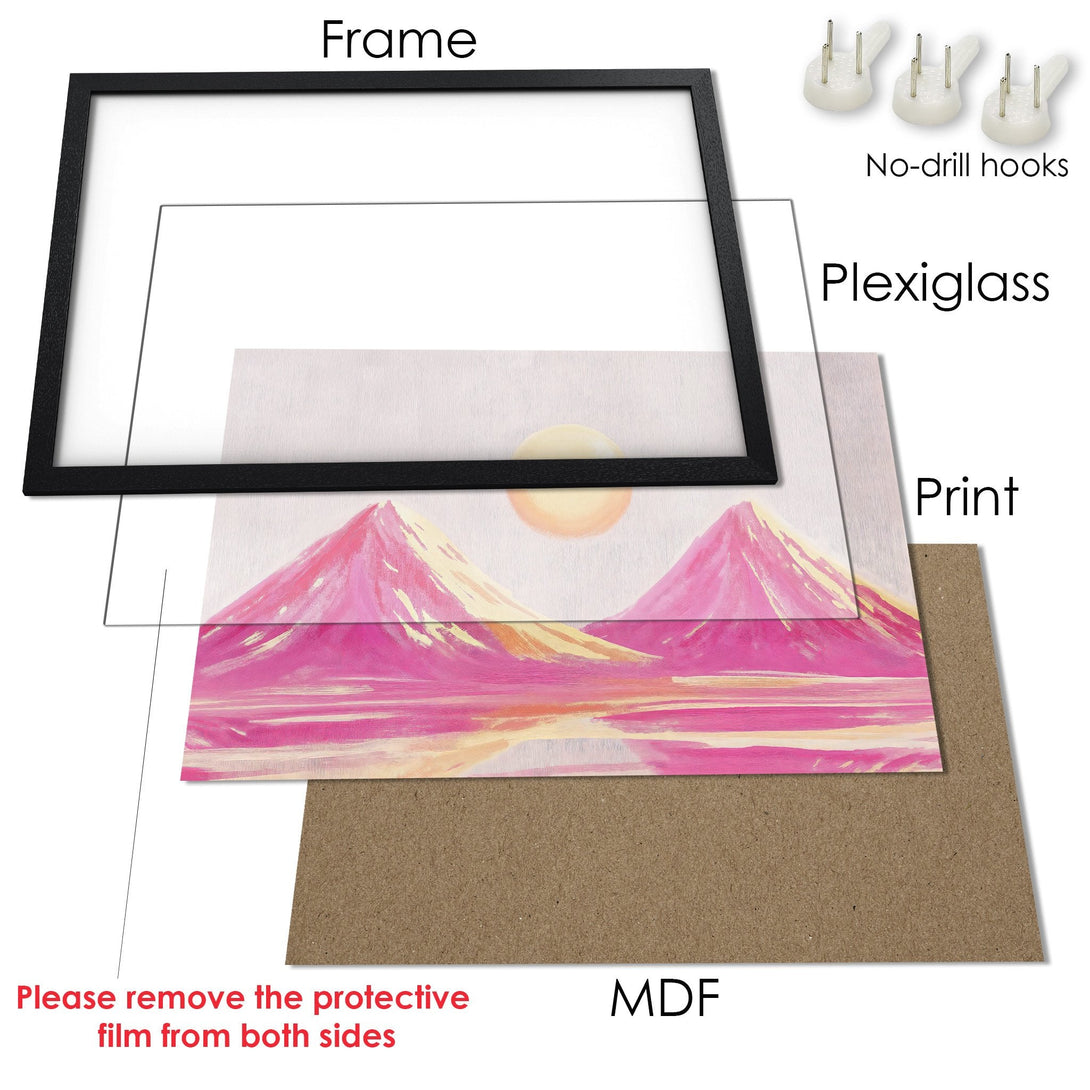 Framed Poster featuring a pink mountain landscape art print. Modern style with a warm, vibrant color palette. Ready to hang!