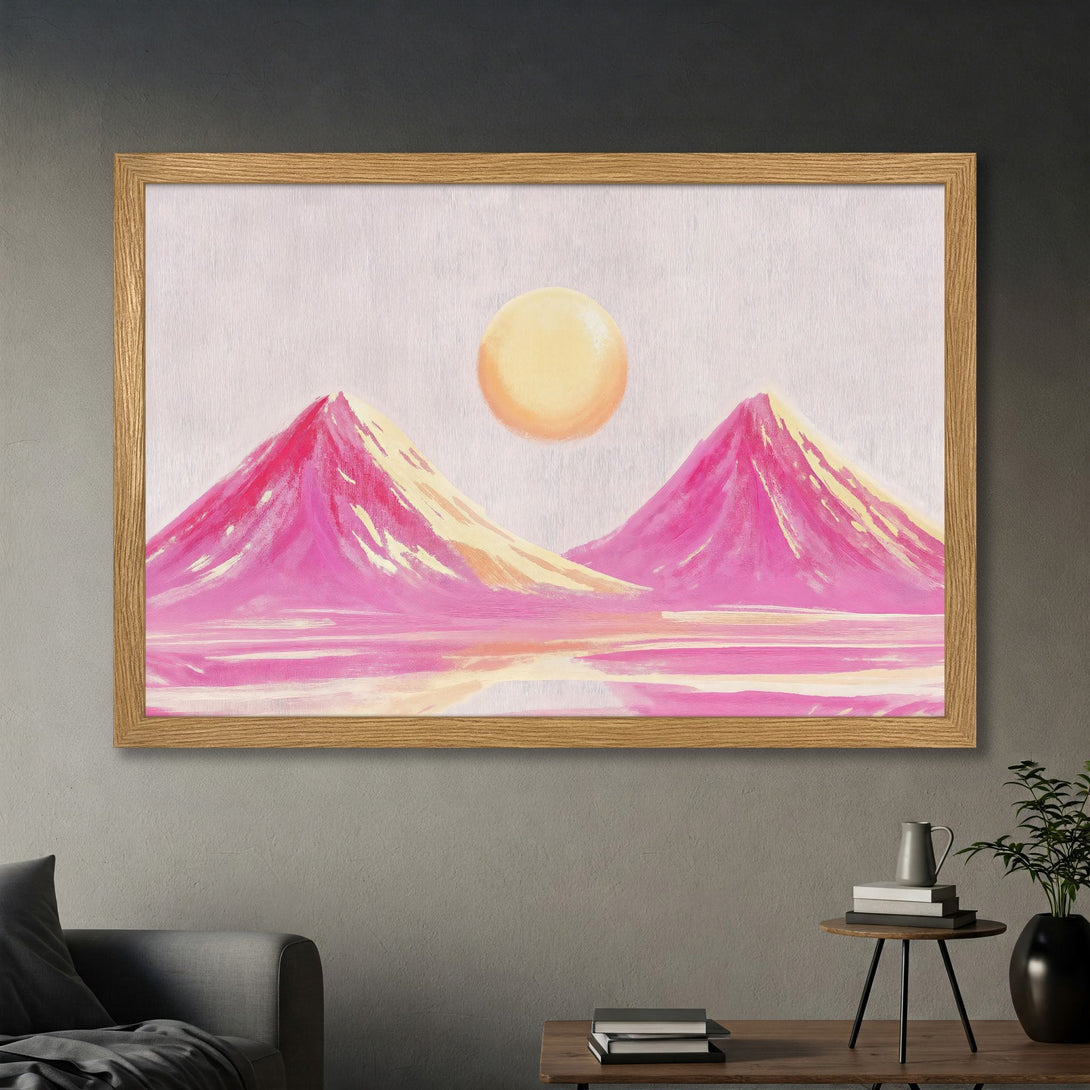 Framed Poster featuring a vibrant pink mountain landscape with a yellow sun, in a modern art style.