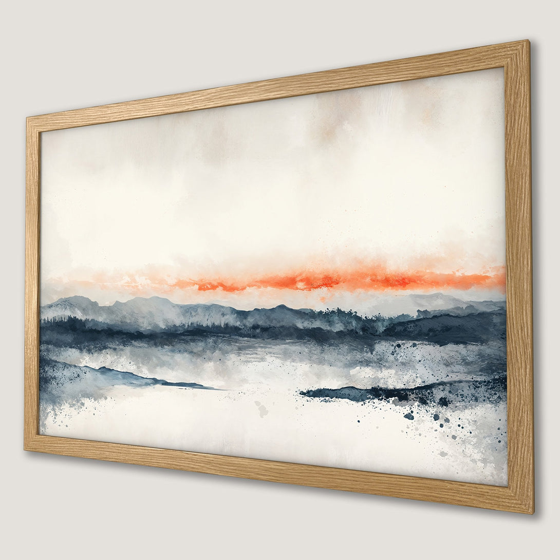 Framed Poster of watercolor mountain landscape art in blue, orange, and cream tones. Perfect wall decor.