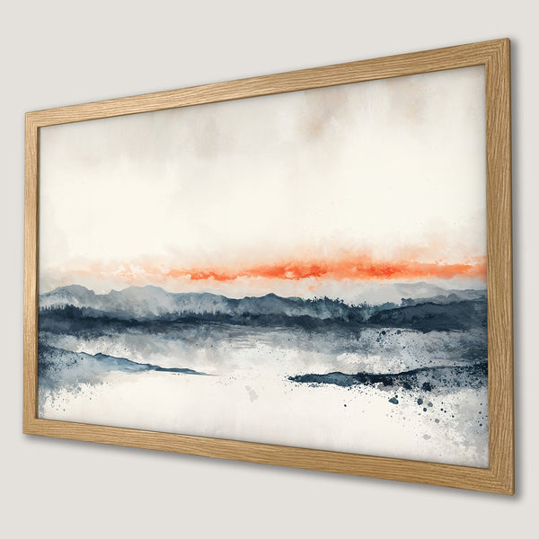 Framed Poster of watercolor mountain landscape art in blue, orange, and cream tones. Perfect wall decor.