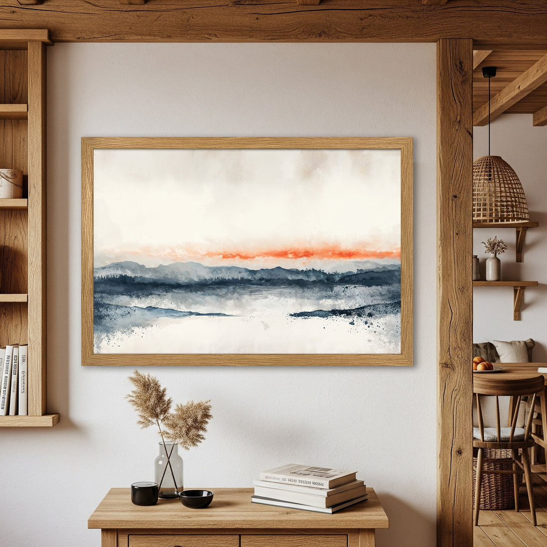 Framed Poster featuring a watercolor landscape in blue, gray, and orange hues. Perfect art for your home!