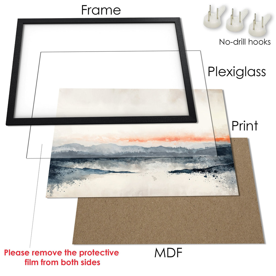 Framed Poster of a watercolor landscape art print. Features a tranquil scene in blue, orange, and neutral tones. Ready to hang!