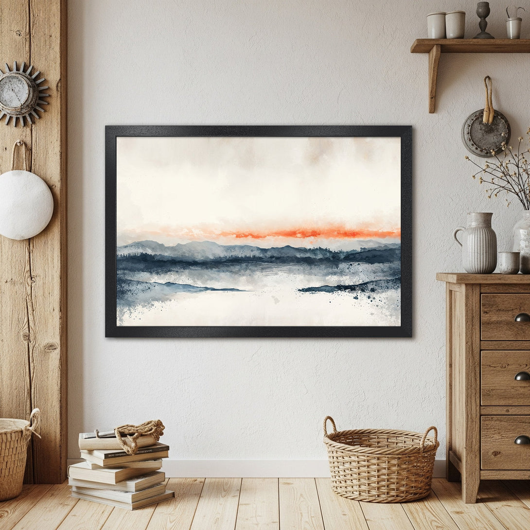 Framed Poster of watercolor landscape art in blue, orange, and neutral tones. Perfect wall decor.