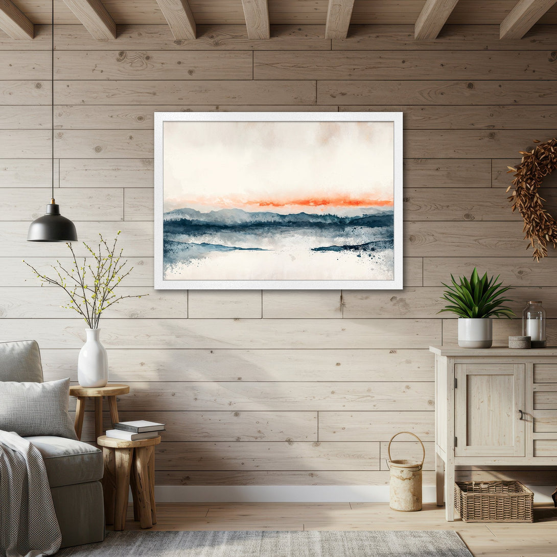 Framed Poster featuring a watercolor landscape in blue, orange, and neutral tones. Perfect wall art for a modern home.