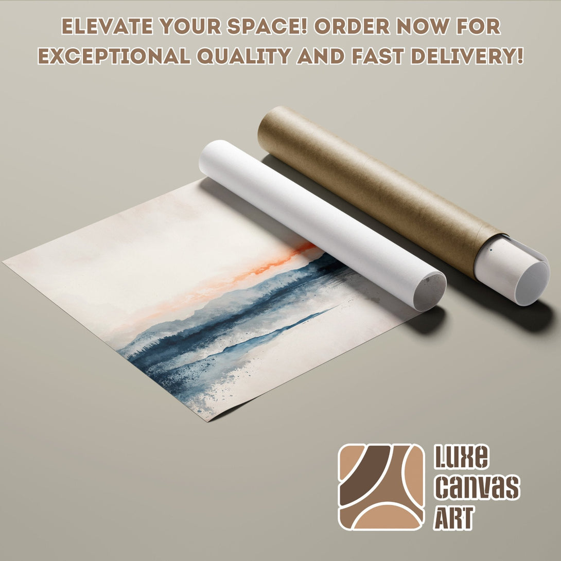 Abstract landscape Poster Roll in blue, orange, and neutral tones. Elevate your space!