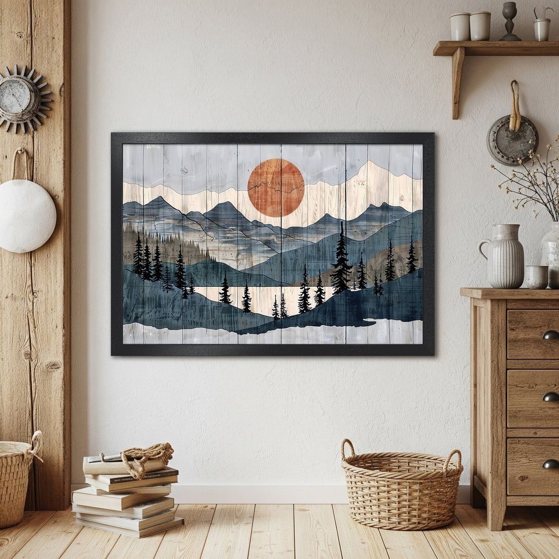 Framed Poster featuring a mountain landscape in a rustic style with a blue and orange color palette. Perfect wall art!