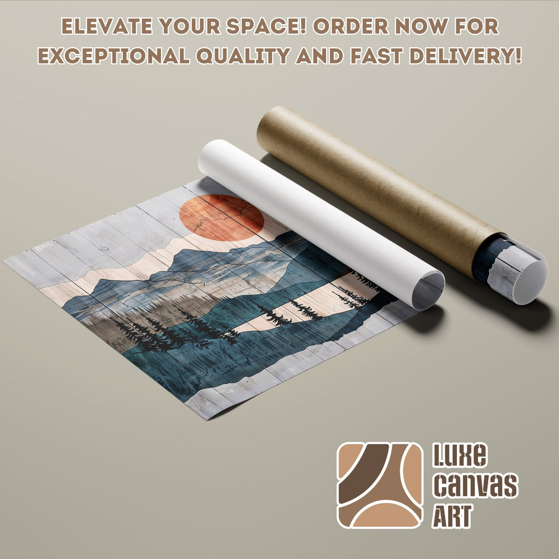Mountain landscape poster roll in blue, orange & brown tones. Elevate your space with this art poster!