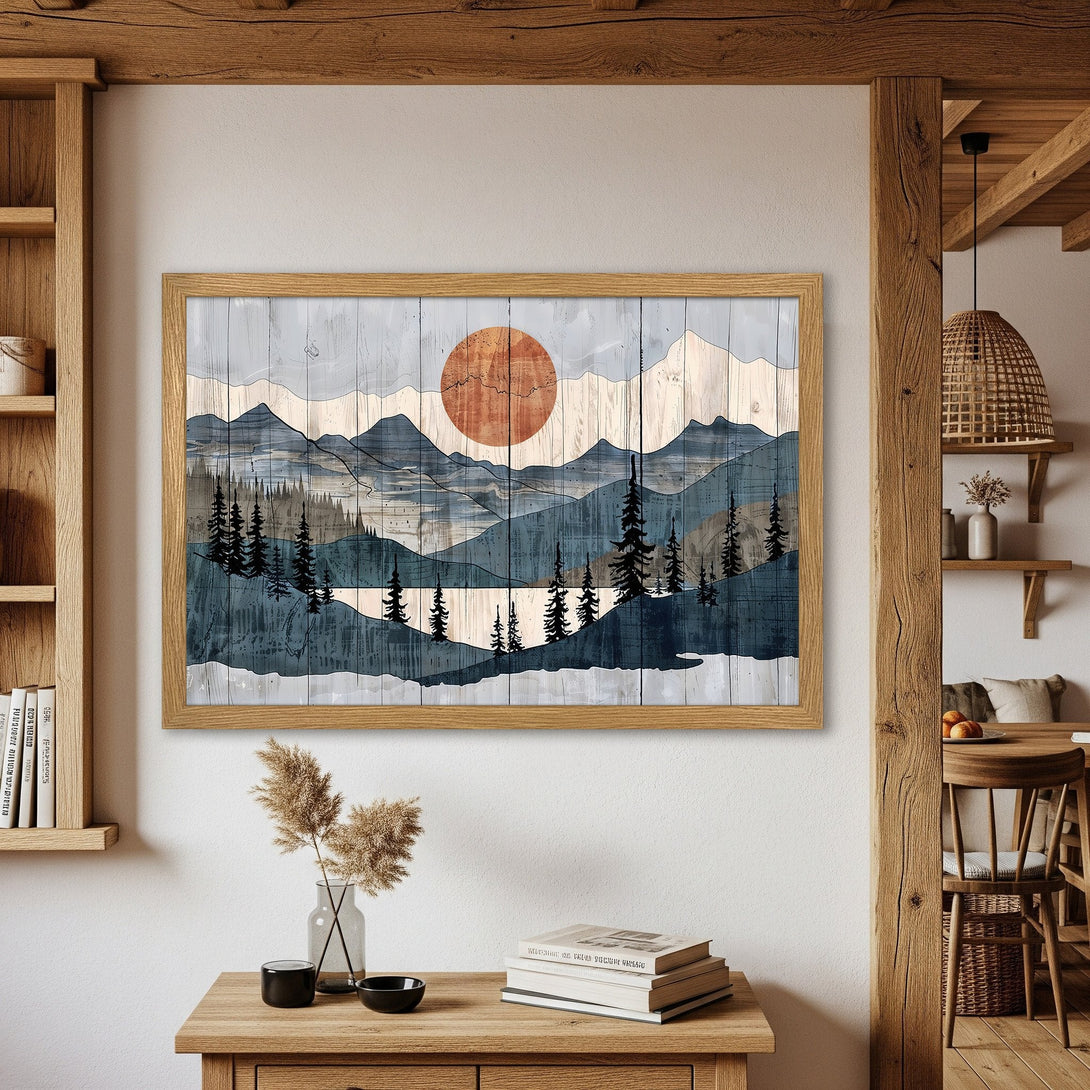 Framed Poster featuring a mountain landscape in a rustic style with blue, gray, and orange tones. Perfect wall art for your home!