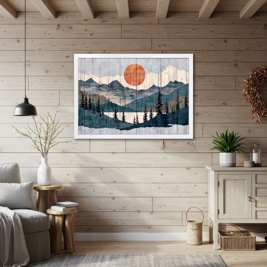 Framed Poster of a mountain landscape in a rustic style, featuring a blue and orange color palette. Perfect wall art for your home!