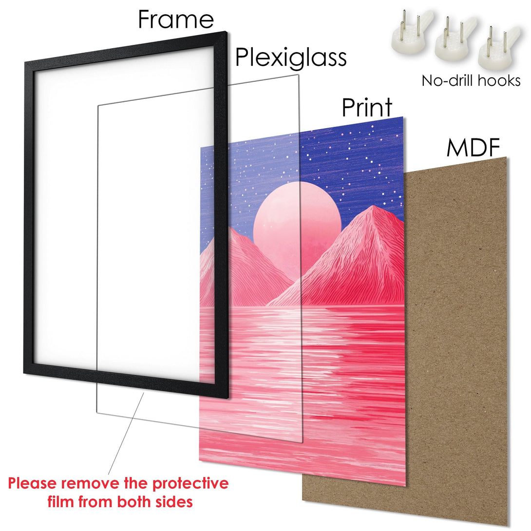 Framed Poster featuring a vibrant landscape art print in pink and blue tones. Modern style, ready to hang!