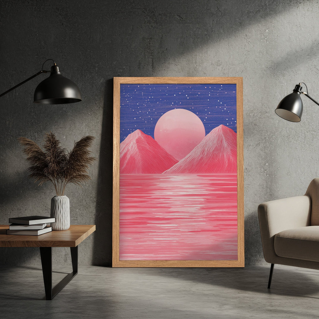 Framed Poster featuring a pink landscape with mountains and a moon, in a modern style. Blue and pink color palette.