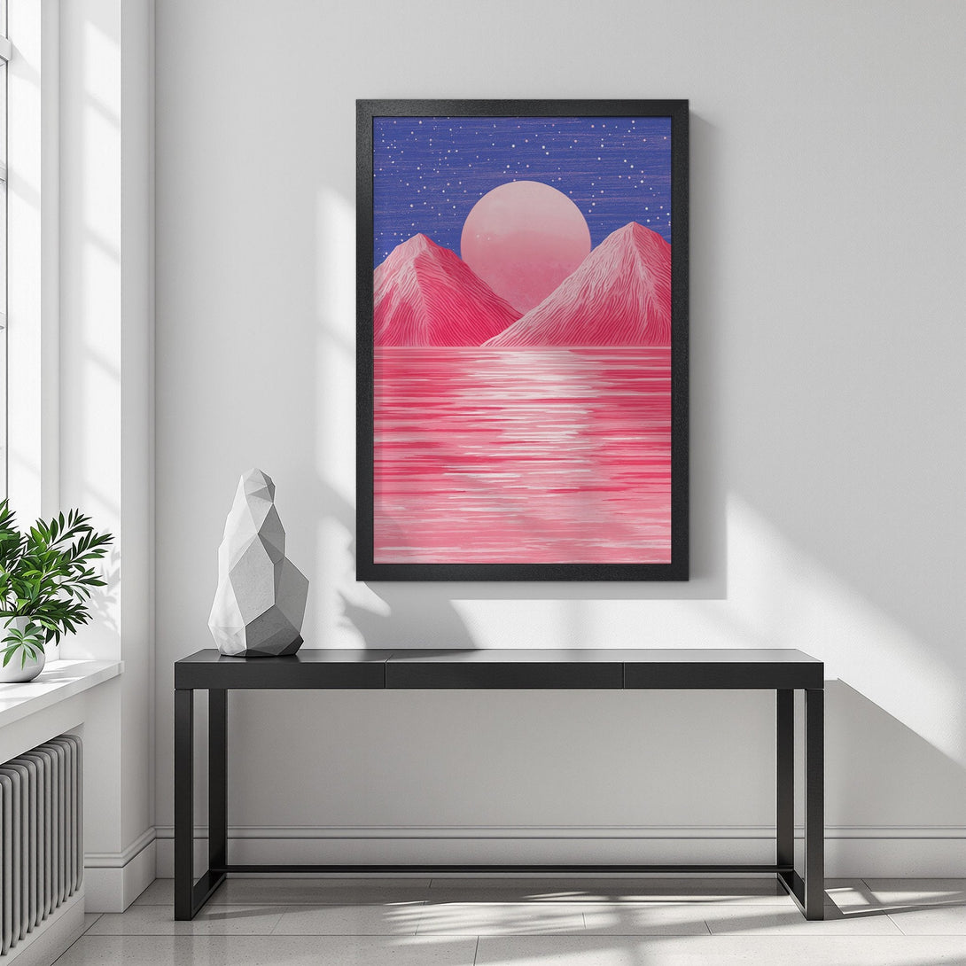 Framed Poster featuring a pink mountain landscape art print with a blue and pink color palette, perfect wall decor.