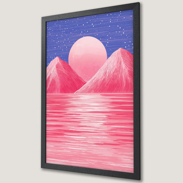 Framed Poster featuring a pink mountain landscape art print. Modern style with a vibrant pink and blue color palette. Perfect wall decor.
