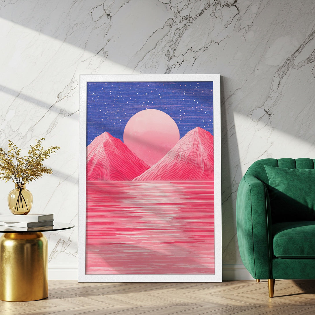 Framed Poster featuring a vibrant pink mountain landscape with a blue sky. Modern art style, perfect wall decor!