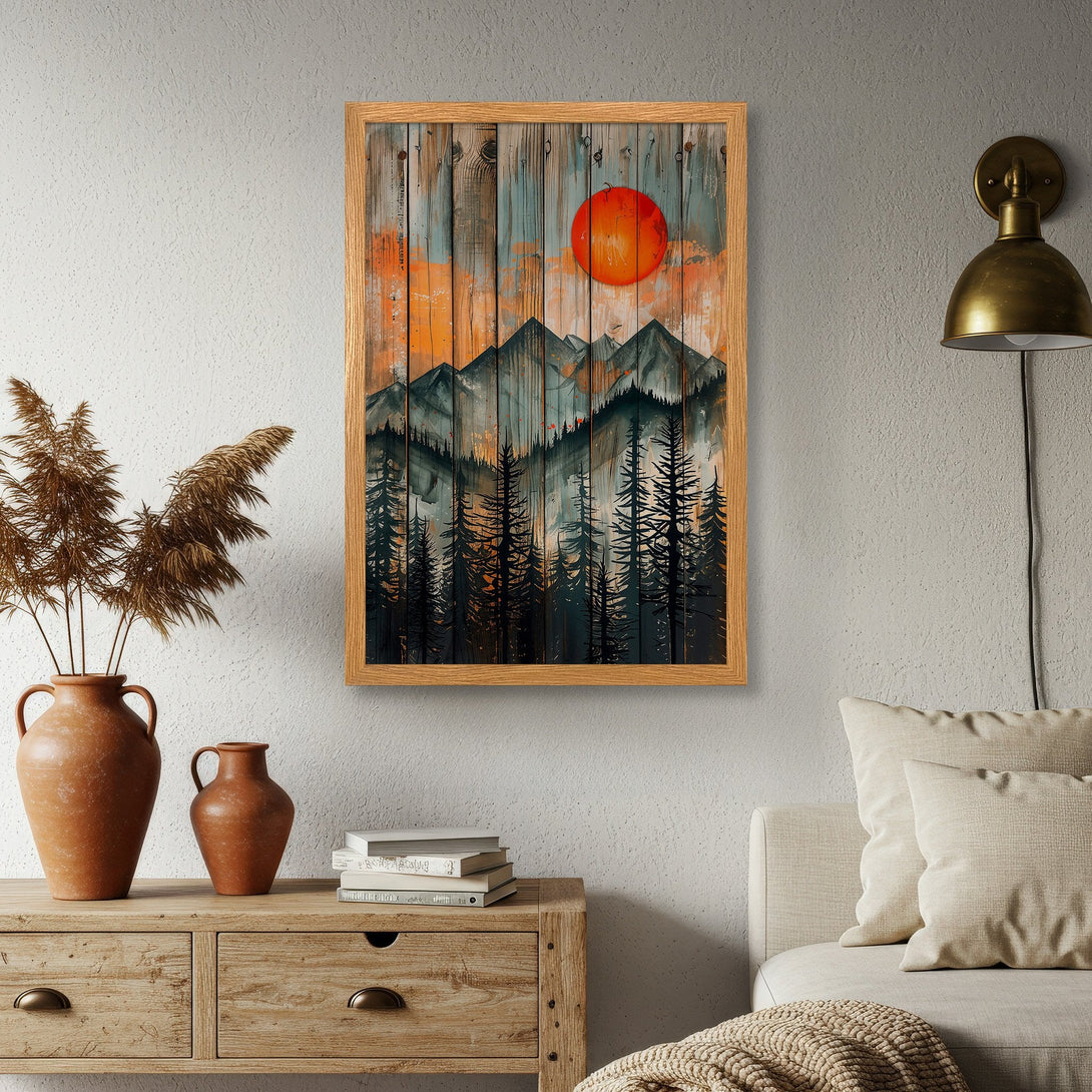 Framed Poster featuring a mountain landscape with a sunset in a rustic style, using orange, blue, and black color palette. Perfect wall art!