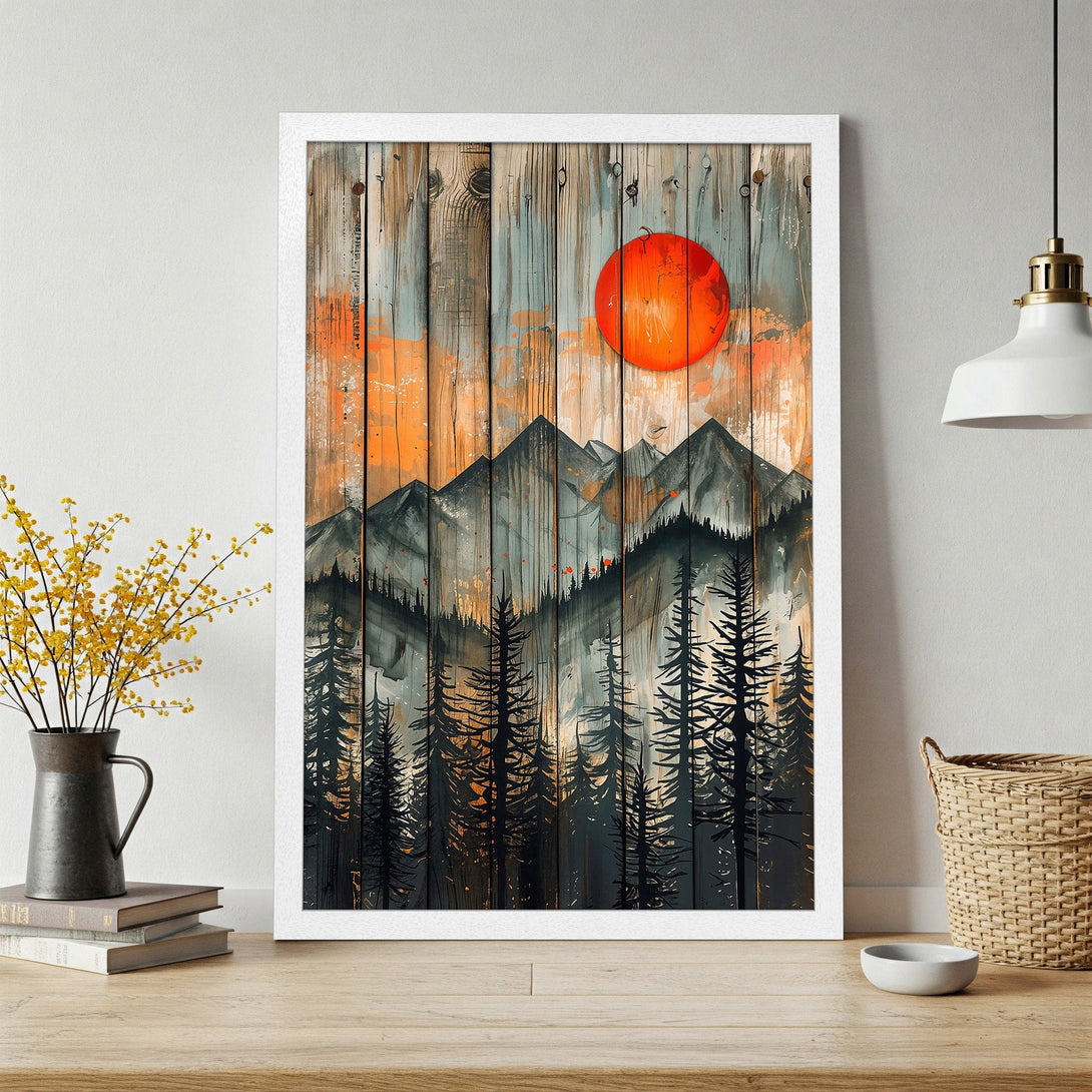 Framed Poster featuring a mountain and forest scene in a rustic style with a warm orange and grey color palette. Perfect wall art!