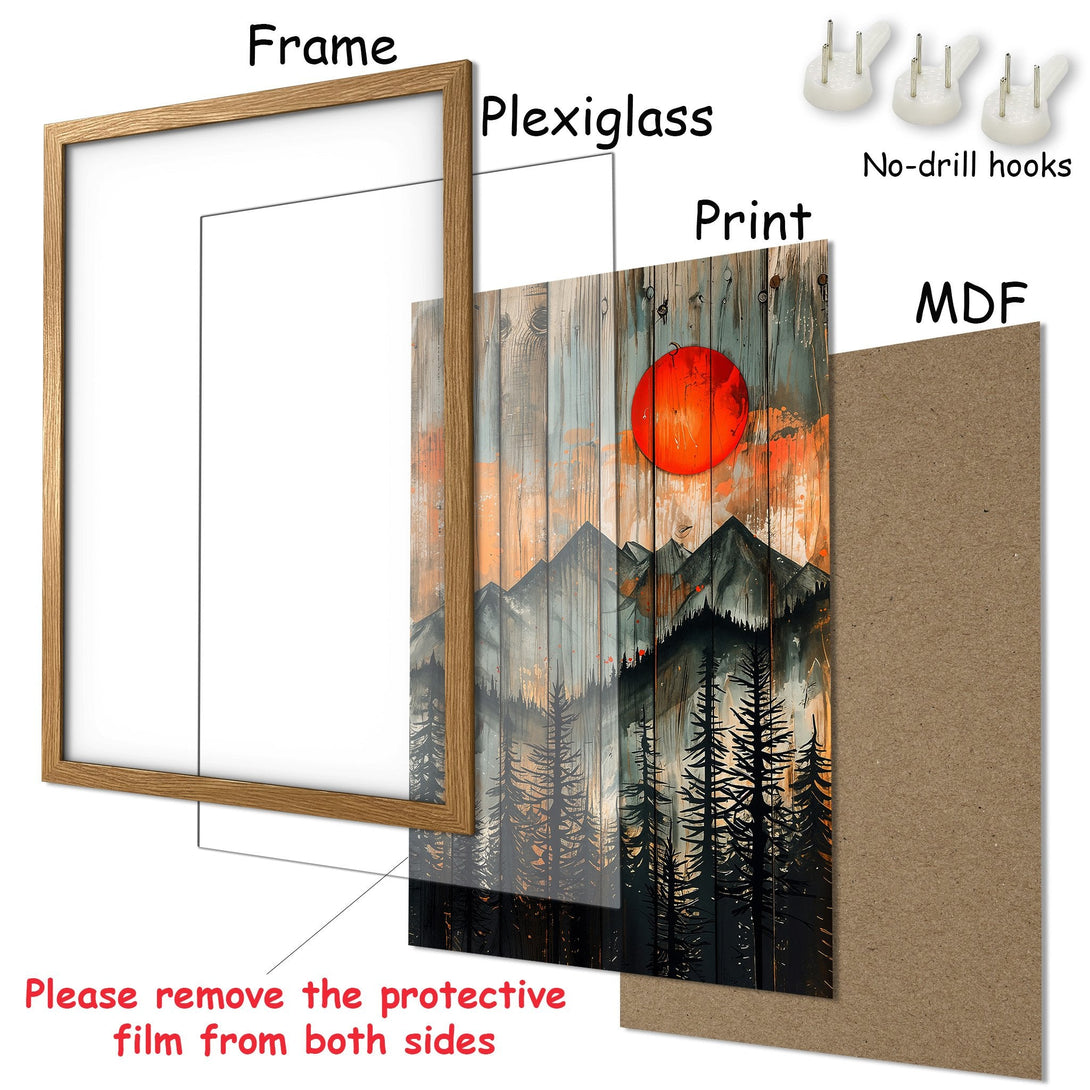 Framed Poster featuring a sunset over mountains. Rustic style with a warm orange, grey, and brown color palette. Perfect wall art!