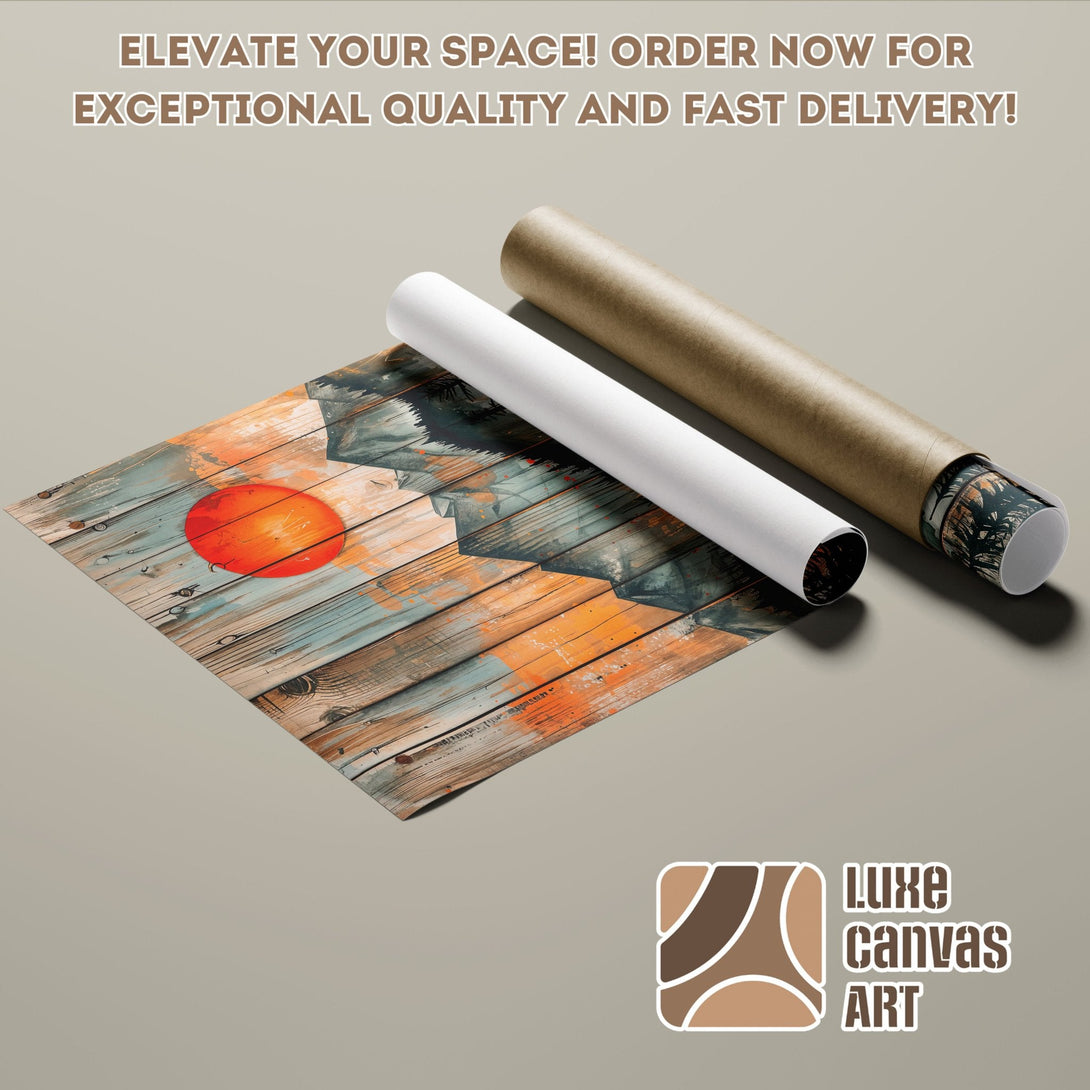 Poster Roll with abstract wood art in orange, blue, and brown tones. Elevate your space!