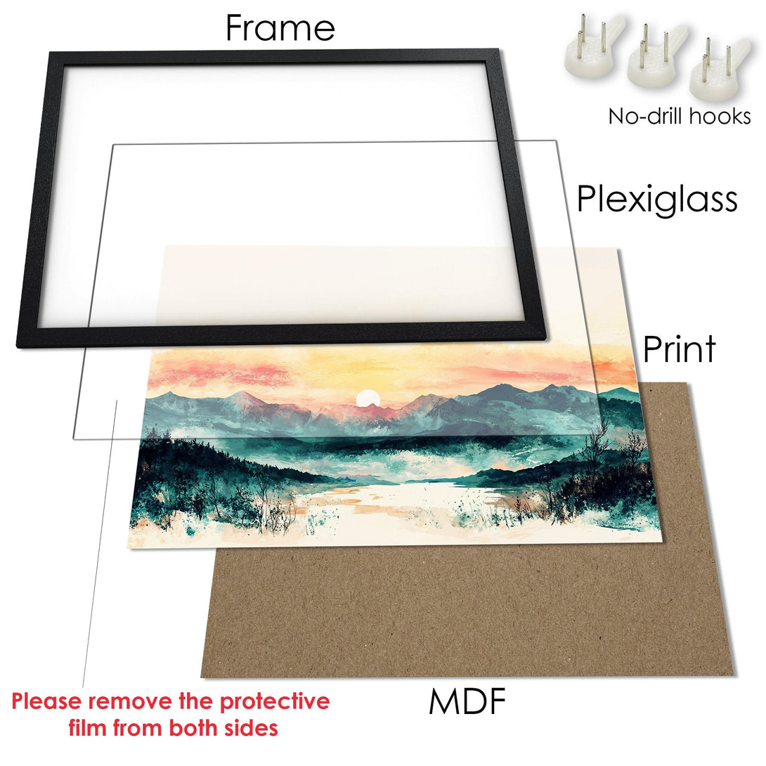 Framed Poster of a serene landscape in watercolor style. Features a warm sunset color palette with teal and orange tones.