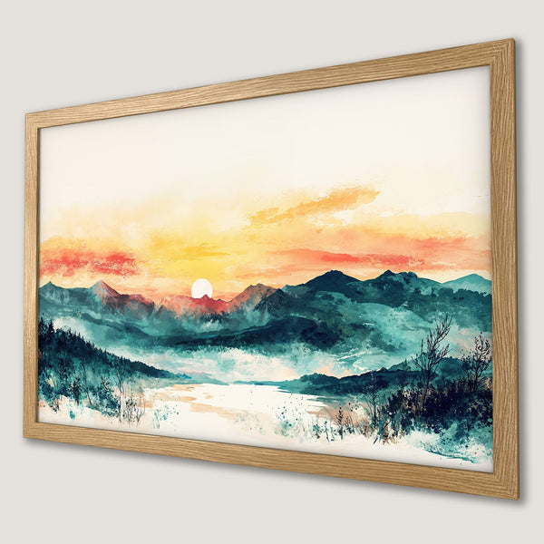 Framed Poster: Watercolor landscape art print featuring mountains, sunset, and teal/orange color palette. Perfect wall decor.