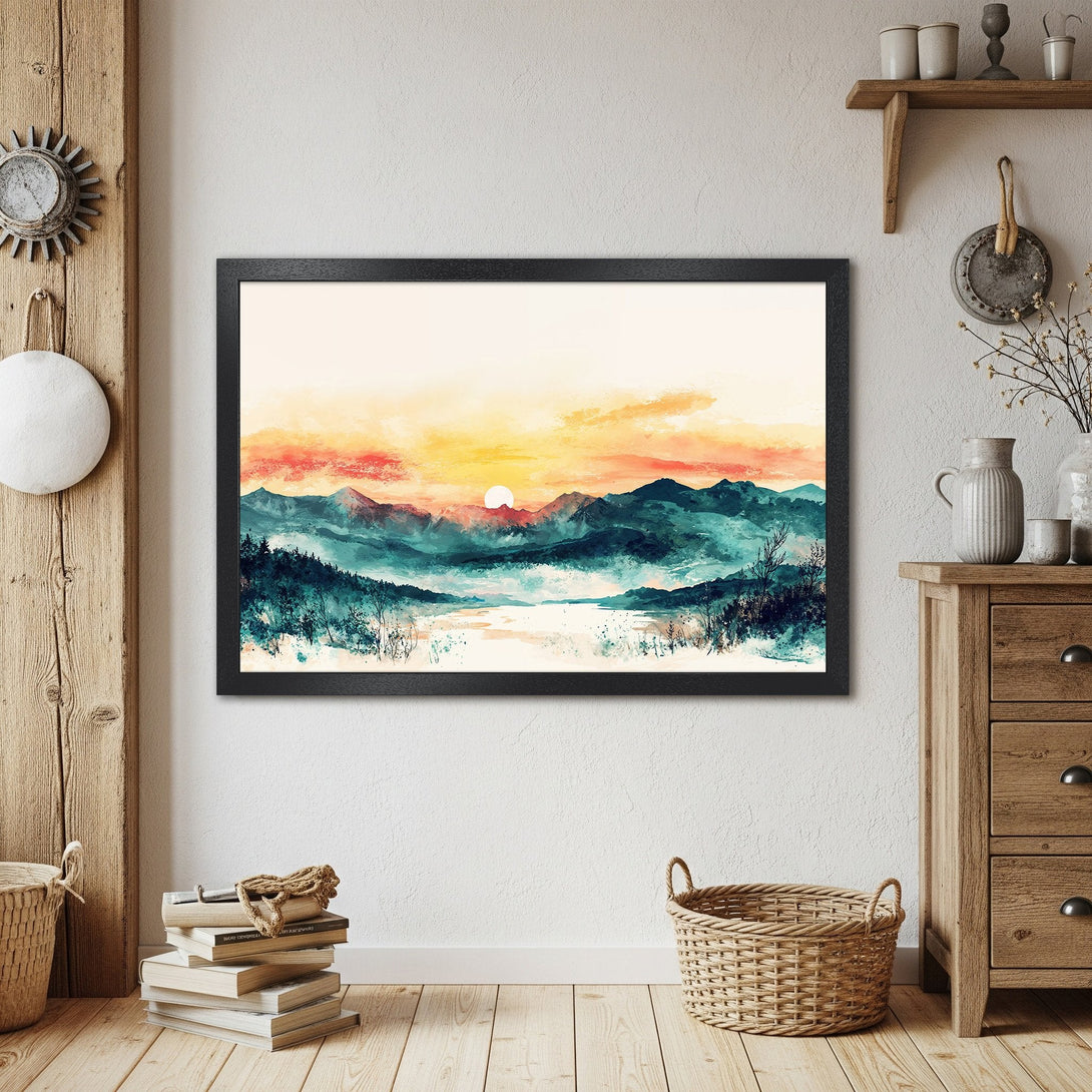 Framed Poster of a watercolor mountain landscape in teal, orange, and yellow. Add a touch of nature to your home decor!