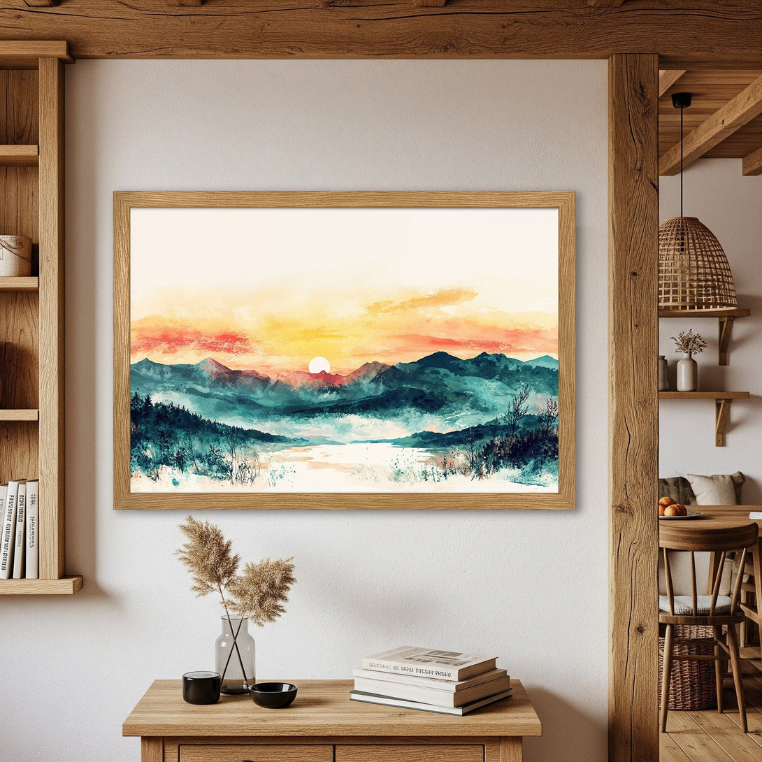 Framed Poster of a watercolor landscape painting featuring mountains and sunset. The color palette is warm with orange, teal, and blue tones.
