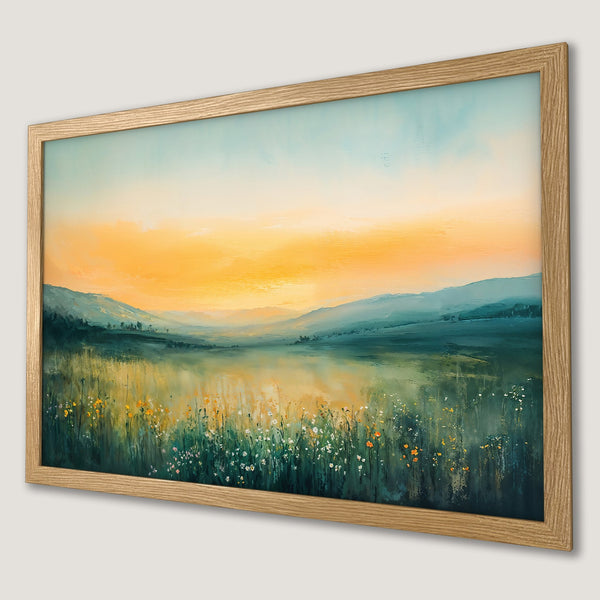Framed Poster of a serene landscape painting with a warm yellow and green color palette. Perfect wall art for any room.