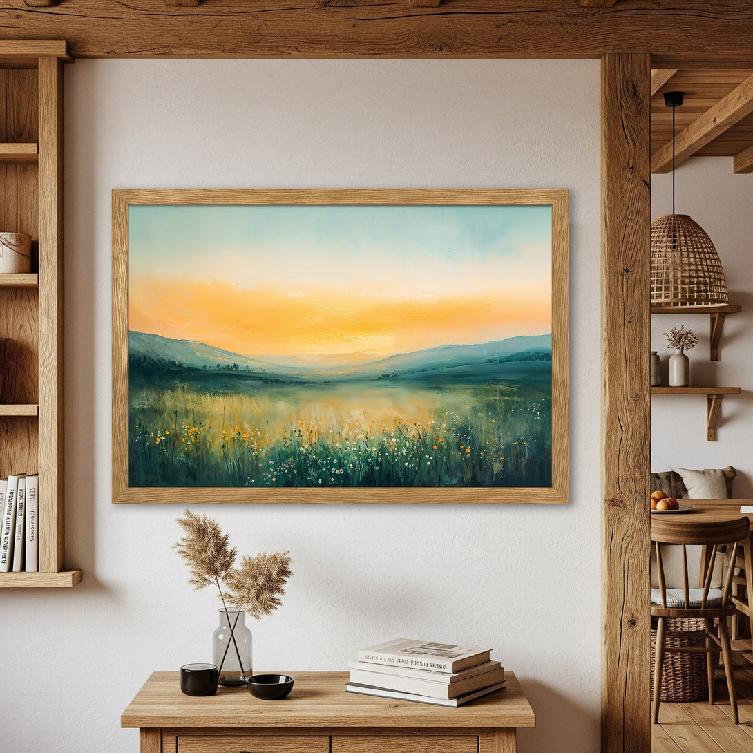 Framed Poster of a serene landscape painting. Soft, impressionistic style with a warm yellow and blue color palette. Perfect wall art for any home.