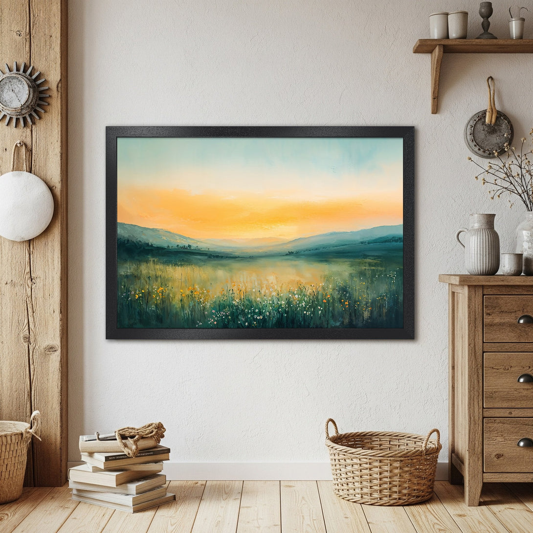 Framed Poster of a serene landscape painting with warm sunset hues. Adds a touch of nature and tranquility to any space.