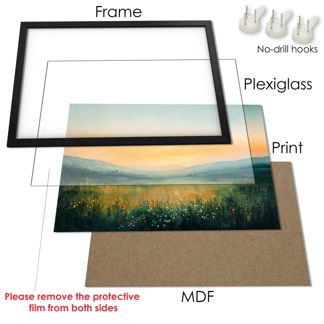 Framed Poster featuring a serene landscape painting in warm yellow and green tones. Perfect art for any space!