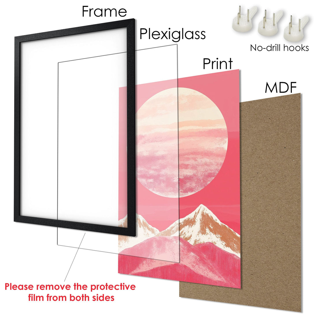 Framed Poster with abstract sunset art. Modern style, pink and beige color palette. Perfect wall decor.