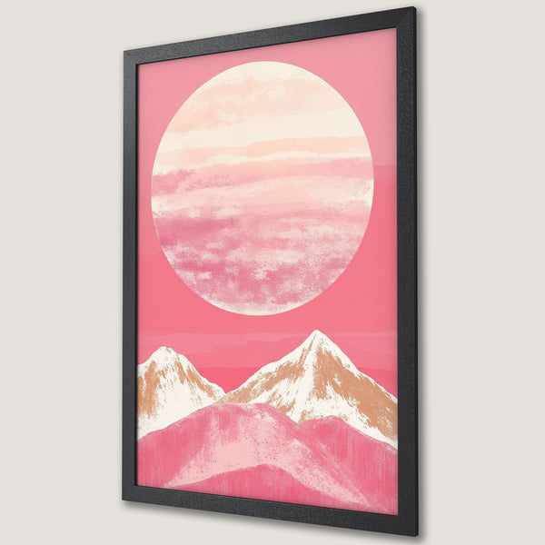 Framed Poster featuring a pink sunset over mountains, abstract style, warm color palette. Perfect wall art decor!