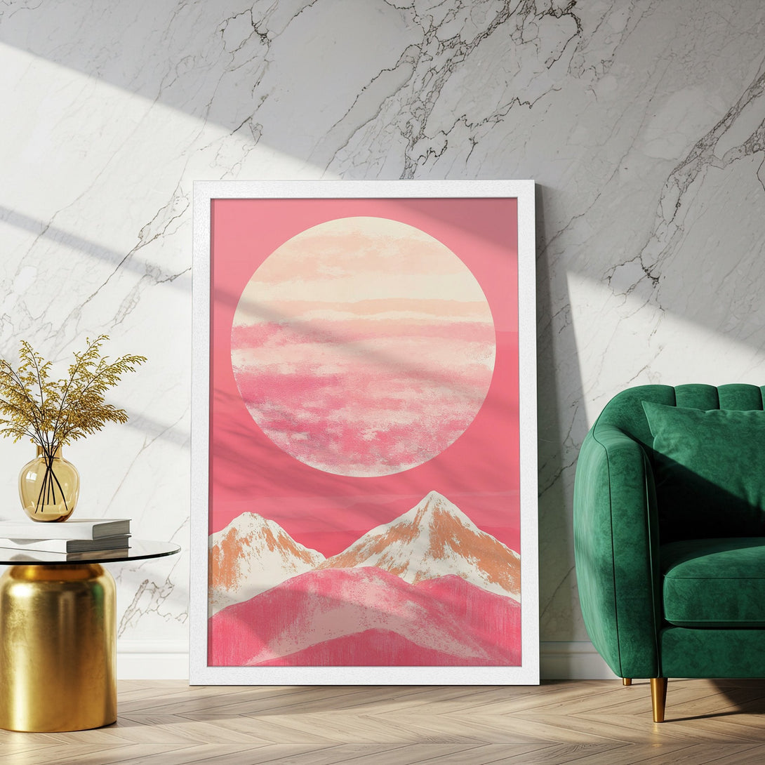 Framed Poster featuring a pink and peach abstract mountain landscape. Modern art style, perfect for adding a pop of color to your home decor.