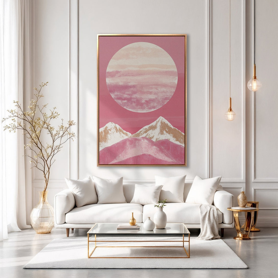 Framed Wall Art: Abstract mountain landscape in pink and gold tones, adding a touch of modern elegance to a living room. Shop now for stylish decor!