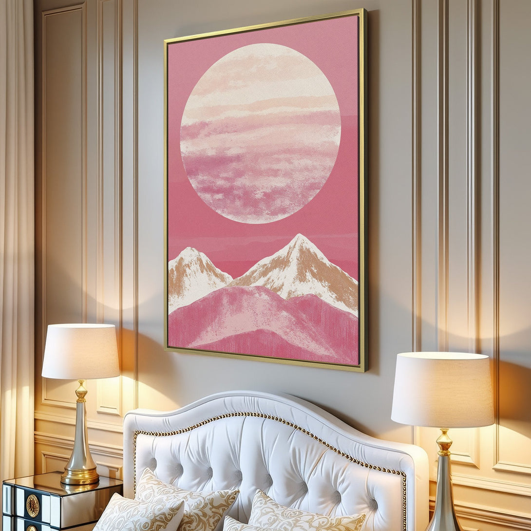 Canvas Print featuring a pink abstract mountain landscape. Modern art in a soft pink and beige color palette, perfect for adding a touch of serenity to your space.