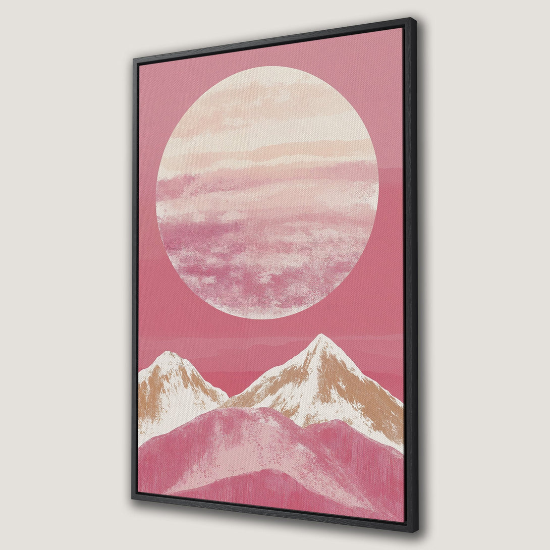 Framed Wall Art featuring a pink mountain landscape with a sun, in a modern, minimalist style. Soft pink and neutral color palette.