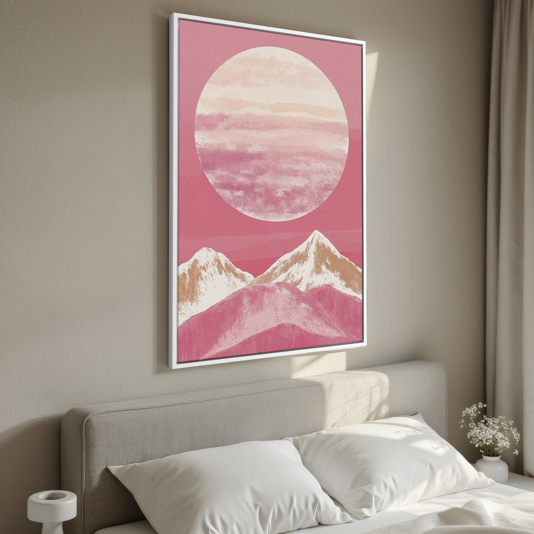Framed Wall Art featuring a pink abstract mountain landscape. Modern art style with a warm, rosy color palette. Perfect for bedroom decor.